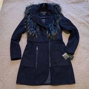 Wool blend zippered coat with removable fur
